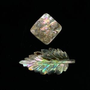 2 Vintage Mother of Pearl M.O.P. Leaf and Square Brooches/Pins 1.25x2.5in